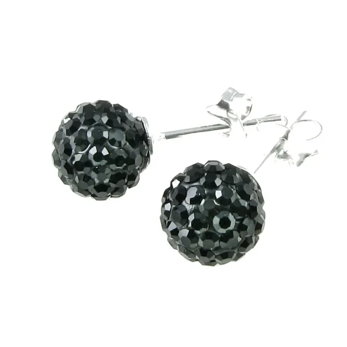 Modne kolczyki srebrne kulki shamballa Swarovski czarne 1 cm