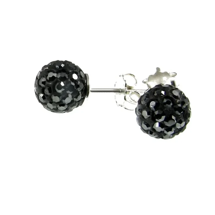 Modne kolczyki srebrne kulki shamballa Swarovski czarne 1 cm