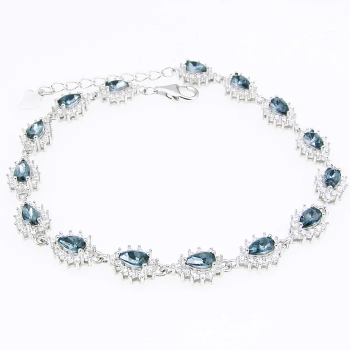 Srebrna bransoletka rodowana z cyrkoniami akwamaryn