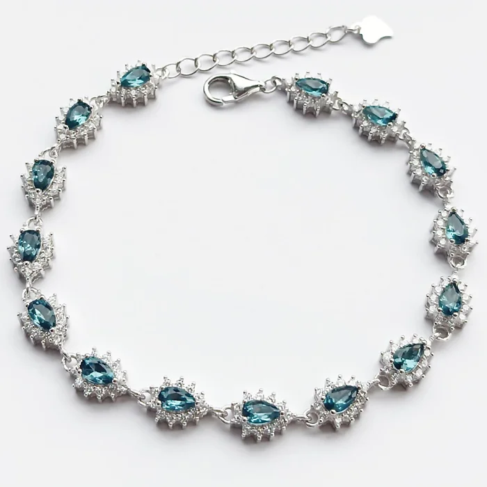 Srebrna bransoletka rodowana z cyrkoniami akwamaryn