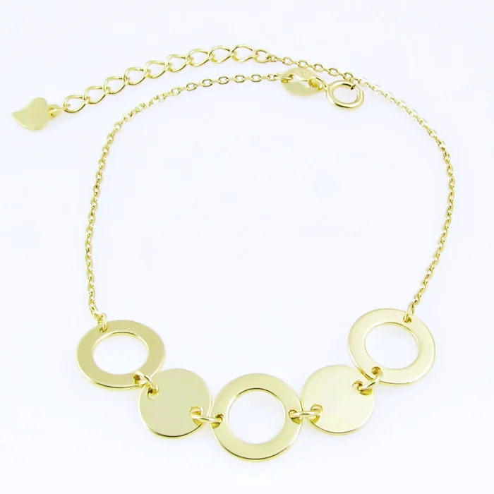 Modna srebrna bransoletka pozłacana z kółkami