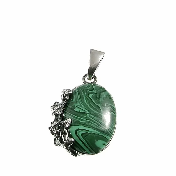 Elegancki srebrny wisiorek malachit z różyczką