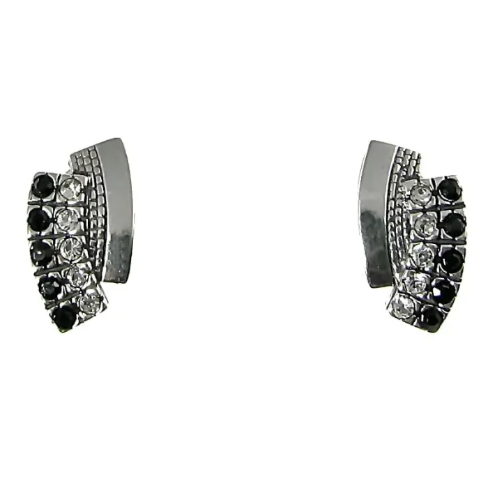 Eleganckie srebrne kolczyki wkrętki wysadzane białymi i czarnymi krysztalkami