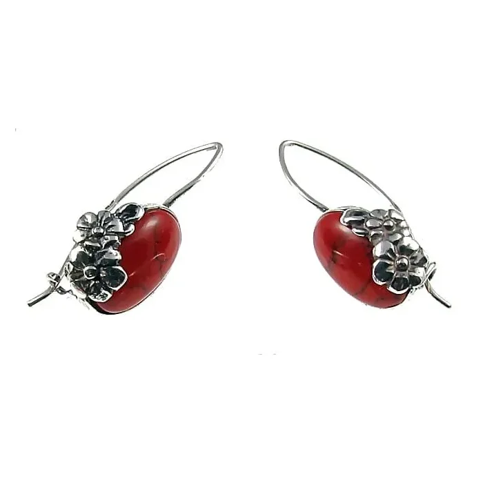 Eleganckie srebrne kolczyki z koralem z kwiatuszkami