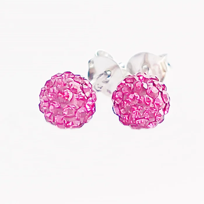 Błyszczące kolczyki srebrne kuleczki shamballa Swarovski ciemny róż 6 mm