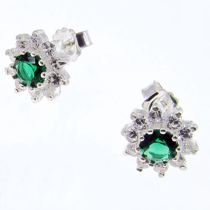 Srebrne kolczyki kwiatuszki z zieloną cyrkonią