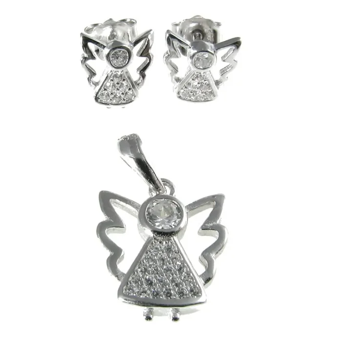 Komplecik srebrny aniołki z kryształkami