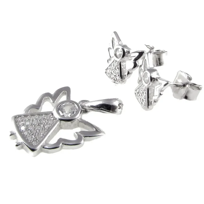 Komplecik srebrny aniołki z kryształkami