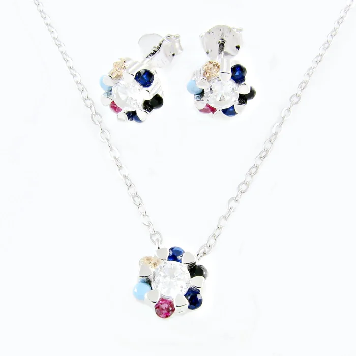 Srebrny komplet z kolorowymi kryształkami