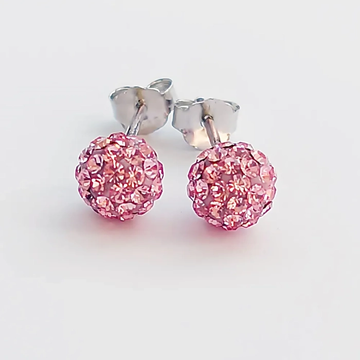 Błyszczące kolczyki srebrne kuleczki shamballa Swarovski różowe 6 mm