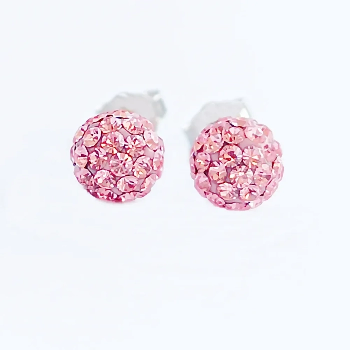 Błyszczące kolczyki srebrne kuleczki shamballa Swarovski różowe 6 mm