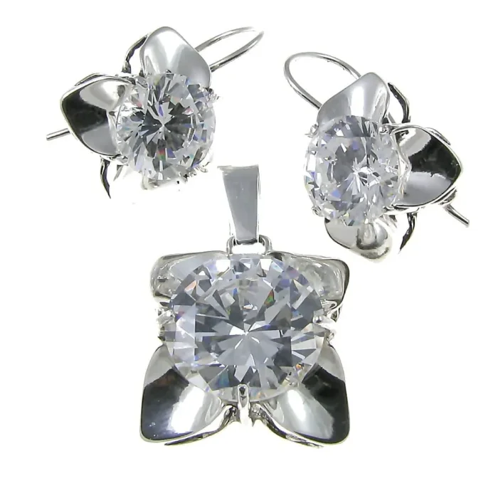 Okazały srebrny komplet z dużą cyrkonią kolczyki, wisiorek