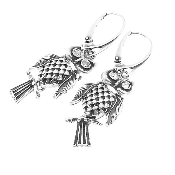 Oryginalne srebrne kolczyki sowy ruchome białe oczy