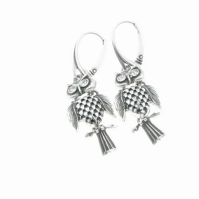 Oryginalne srebrne kolczyki sowy ruchome białe oczy