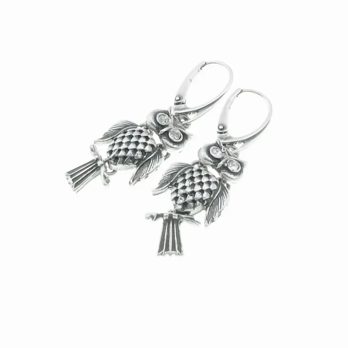 Oryginalne srebrne kolczyki sowy ruchome białe oczy