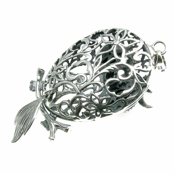 Piękny duży srebrny wisiorek Sowa z onyksami