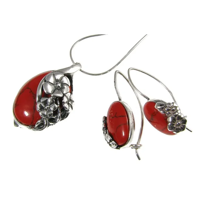 Piękny srebrny komplet koral z kwiatuszkami kolczyki, wisiorek