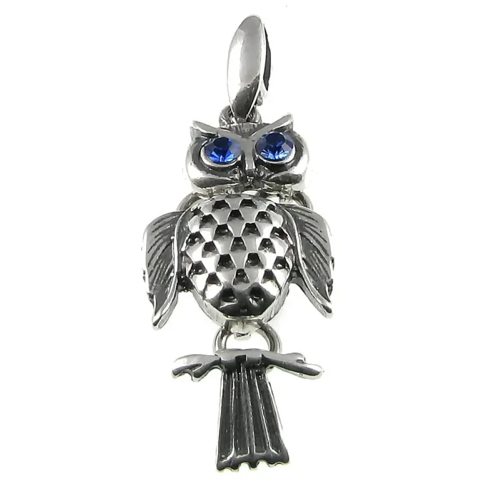 Śliczna srebrna sowa zawieszka do łańcuszka niebieskie oczy