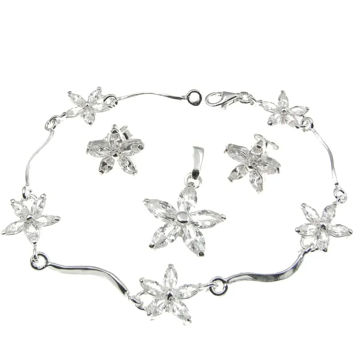 Śliczny srebrny komplet kwiatuszki z cyrkoniami kolczyki, wisiorek