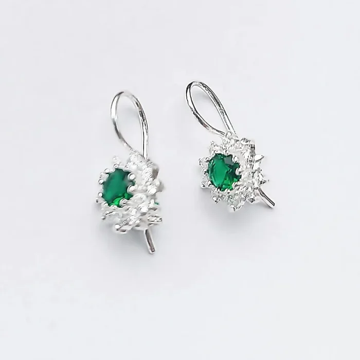 Srebrny komplet kwiatuszki z cyrkoniami zielone